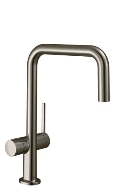 Küchenarmatur aus Edelstahl-Optik mit hoch ausgeströmtem Wasserhahn und seitlicher Bedienung, hergestellt von Hansgrohe.